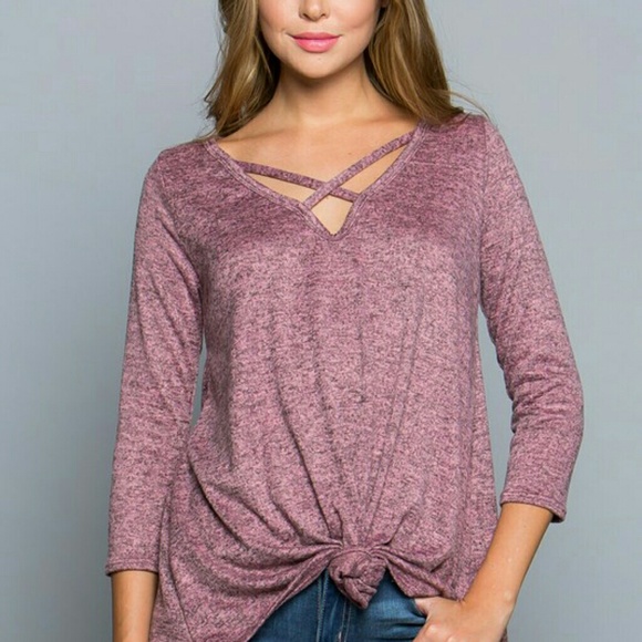 Dark mauve cross front knot hem top - Picture 2 of 2